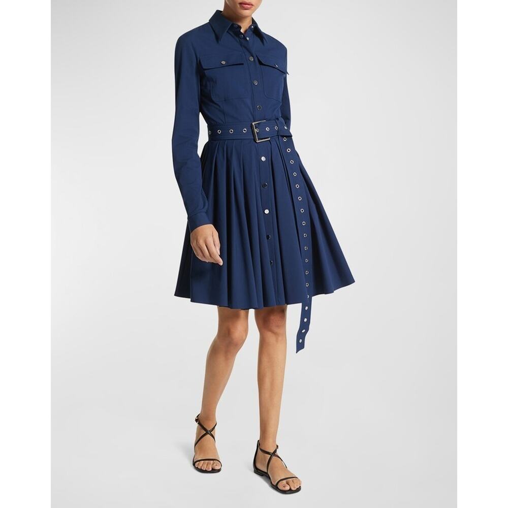Michael Kors Belted Organic Poplin Cargo Shirtdress, Navy, Size 8 0239